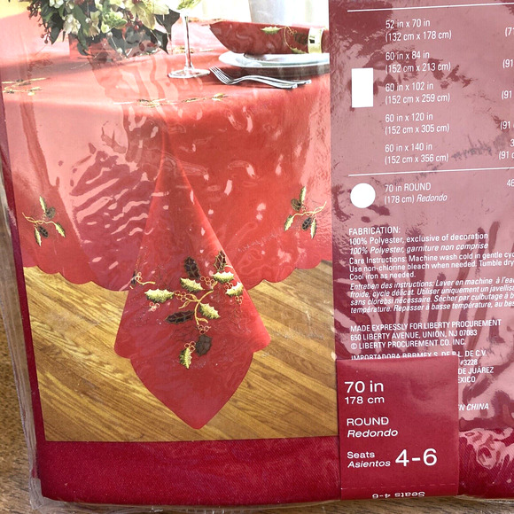NEW Embroidered Christmas Holiday Tablecloth Red Holly Cutwork Festive 70” Round - Picture 6 of 8